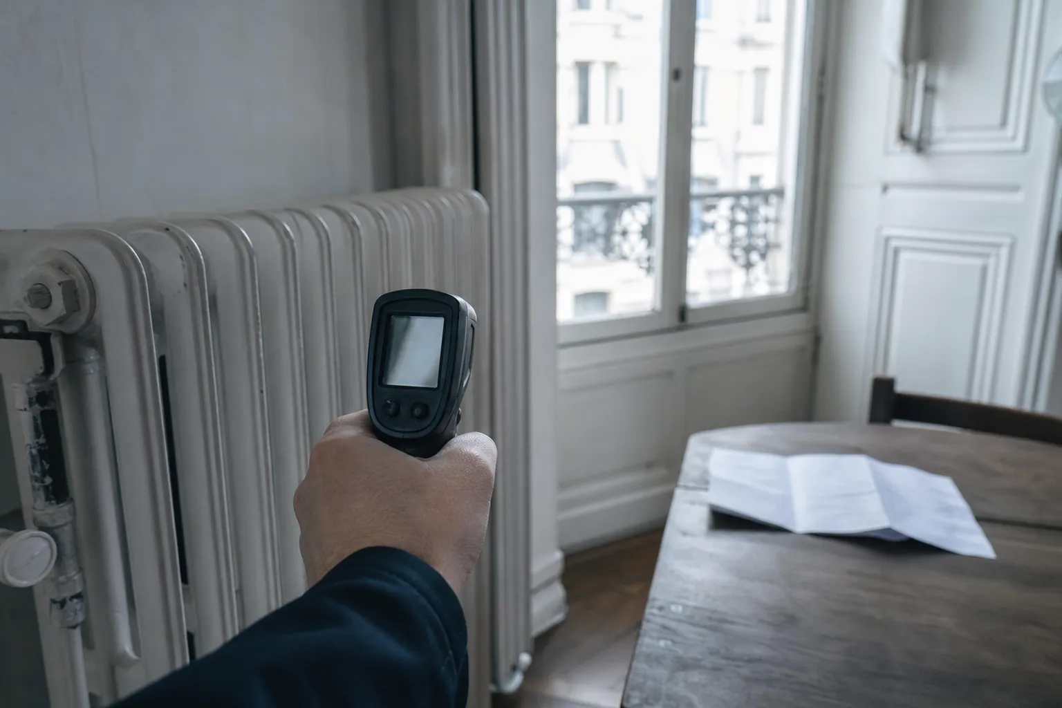 Relevé de DPE devant un radiateur en fonte dans un immeuble à chauffage collectif